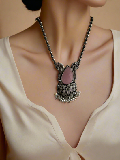 Pink Crystal stone black polished Necklace with earrings