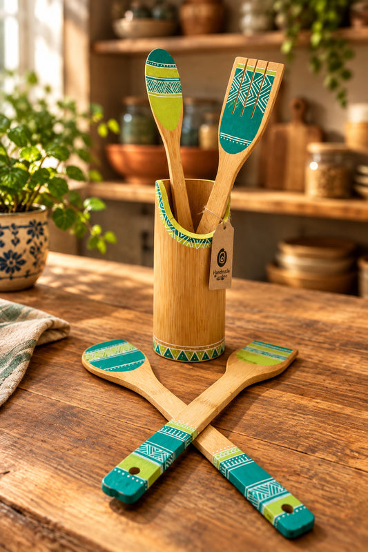 Handpainted Bamboo Cooking Utensil Set