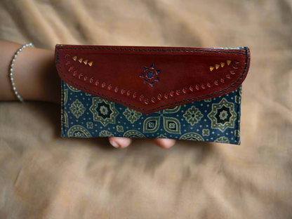Handcrafted Leather and Ajrakh wallet (Clutch)