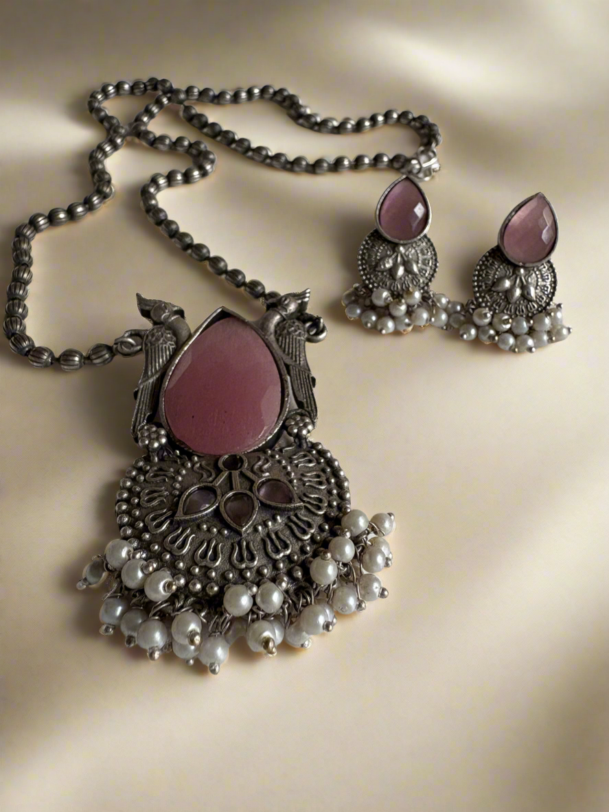 Pink Crystal stone black polished Necklace with earrings