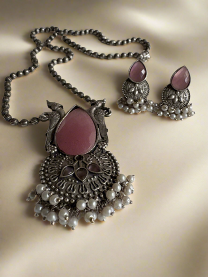 Pink Crystal stone black polished Necklace with earrings