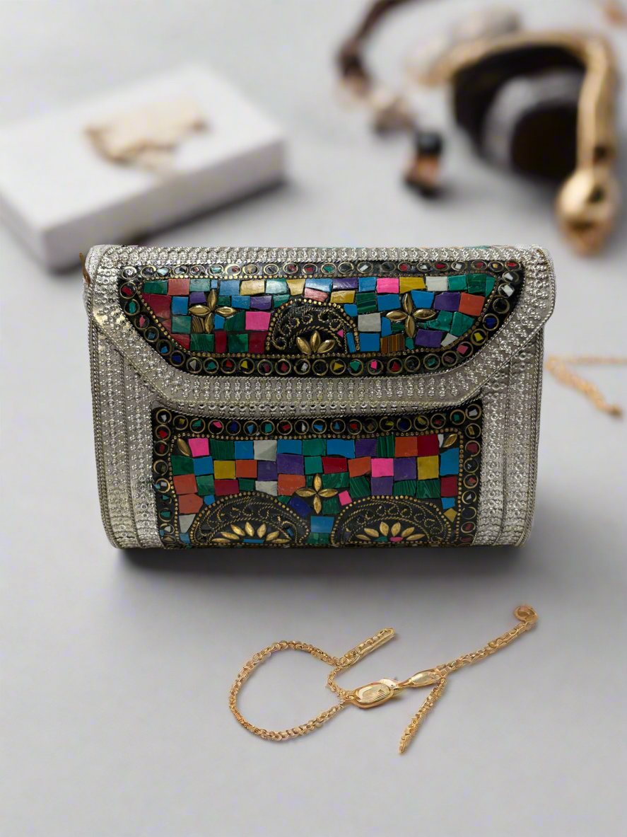 Colourful Studded Stones Oxidized Rectangular Metal Purse