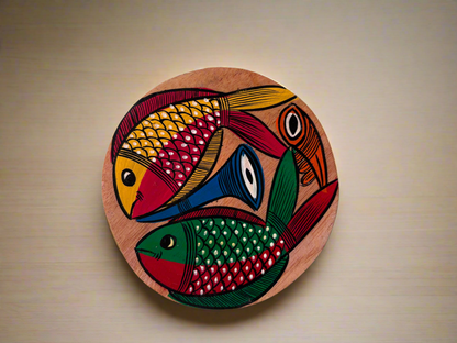 Wooden coaster with colorful fish design on a beige background
