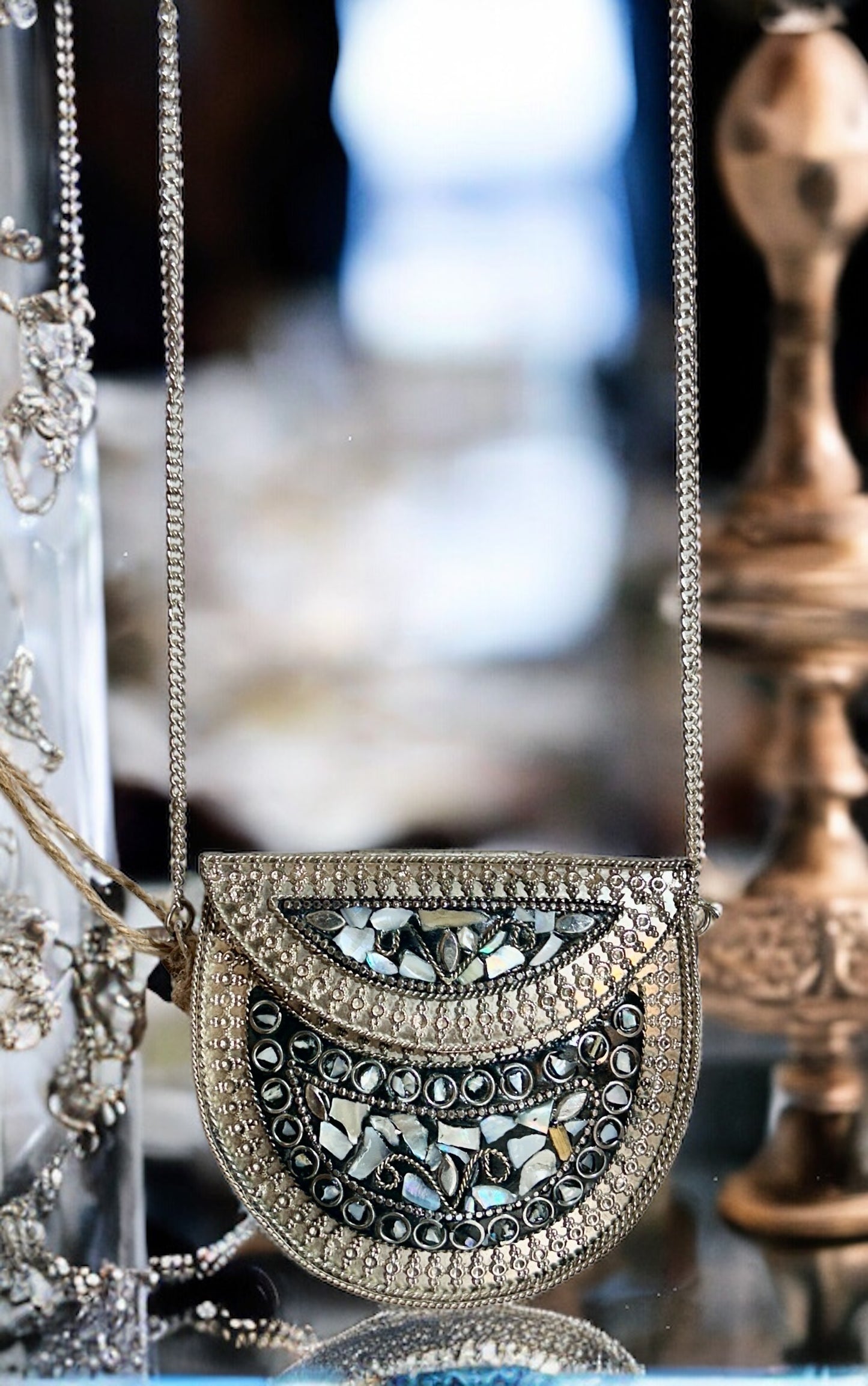 Black & Grey studded stones on Metal Purse  - Small - 1 Unit