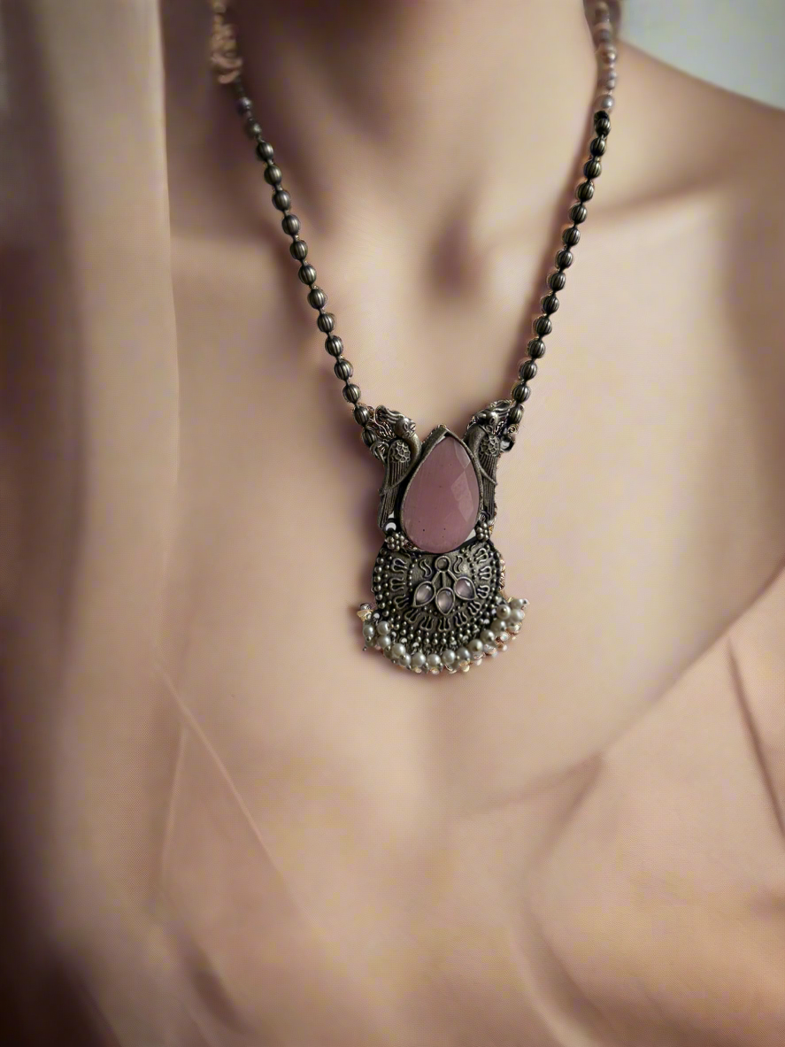 Pink Crystal stone black polished Necklace with earrings
