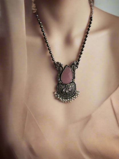 Pink Crystal stone black polished Necklace with earrings