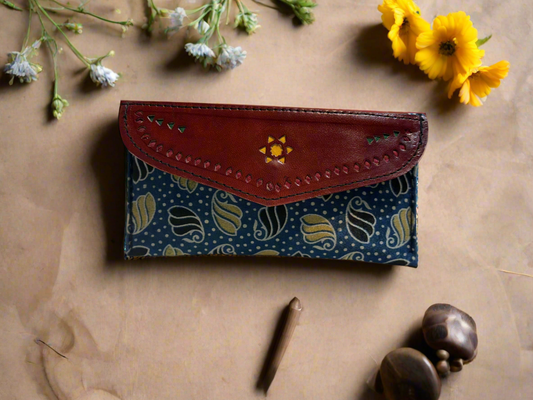 Handcrafted Leather and Ajrakh wallet (Clutch) Green