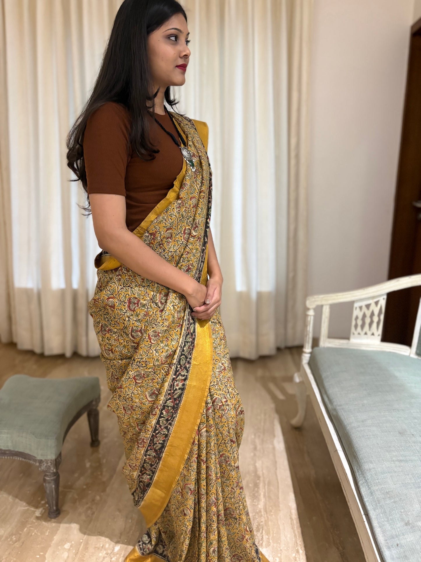 Nizam Border Handblock Kalmakari Pure silk Saree