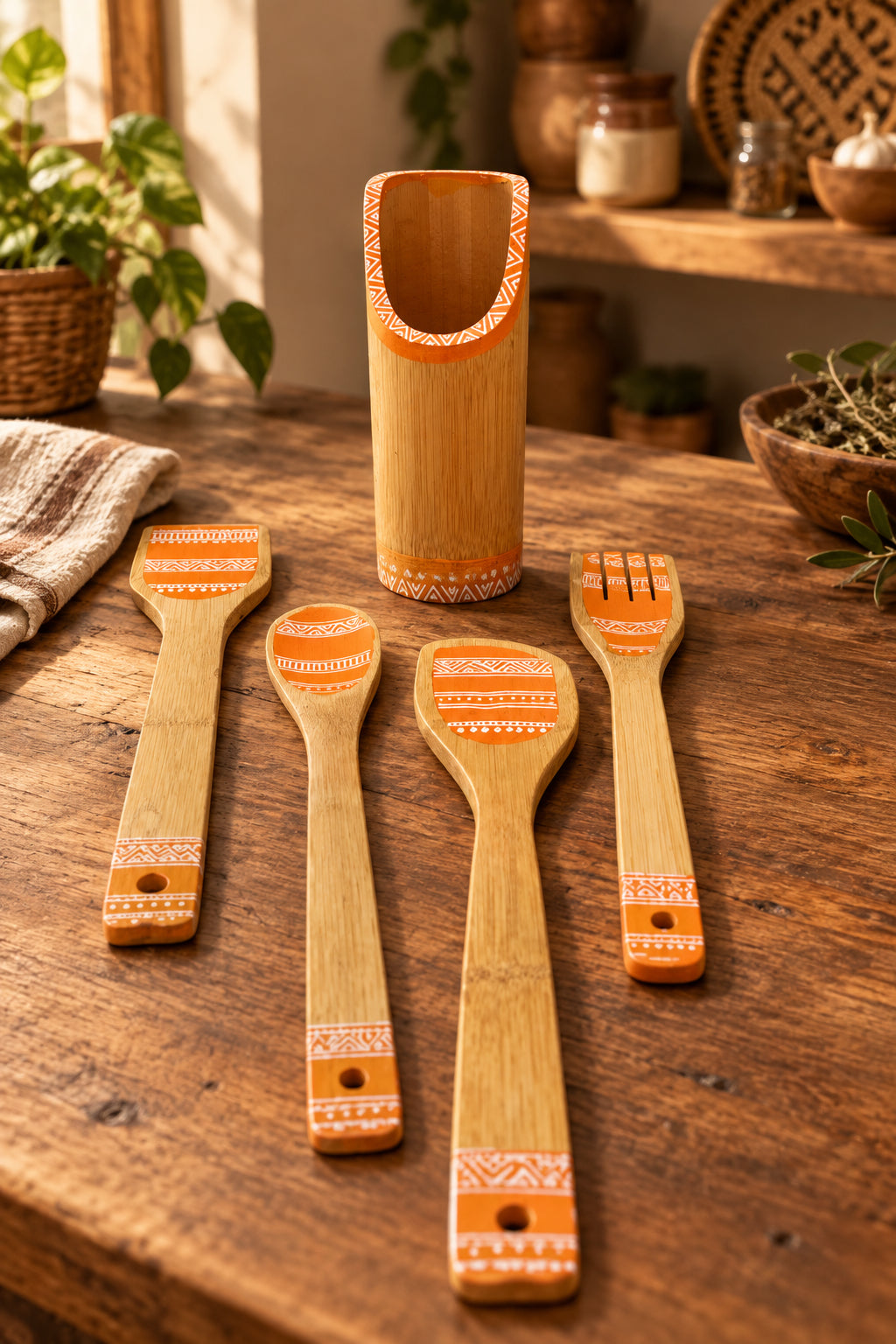 Handpainted Bamboo Cooking Utensil Set